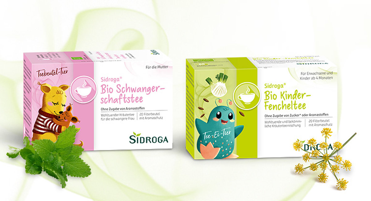 Zwei Verpackungen Sidroga Mutter-Kindtees mit Melissenblättern und Fenchelblüten